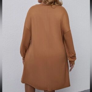 3X Long sleeve mid-thigh dress in a sophisticated brown-tan shade.